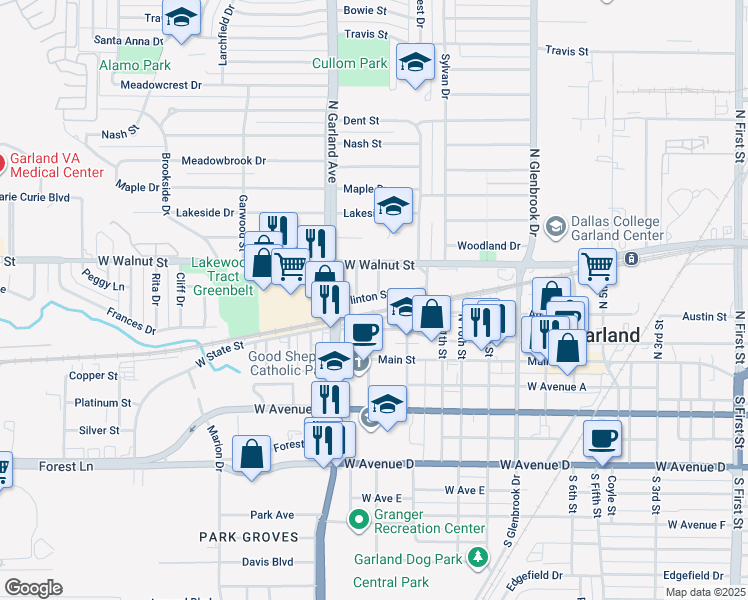 map of restaurants, bars, coffee shops, grocery stores, and more near 1206 Clinton Street in Garland