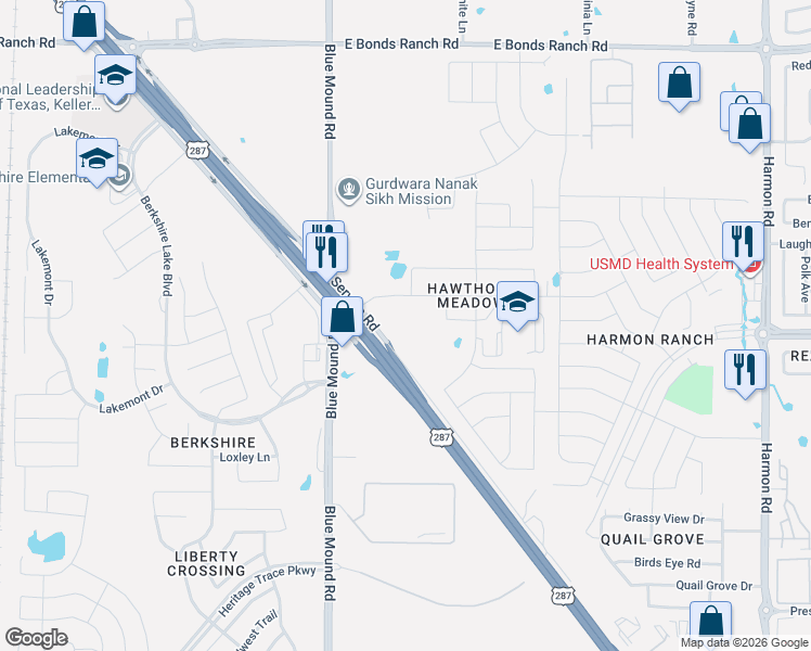 map of restaurants, bars, coffee shops, grocery stores, and more near 960 Spanish Needle Trail in Fort Worth