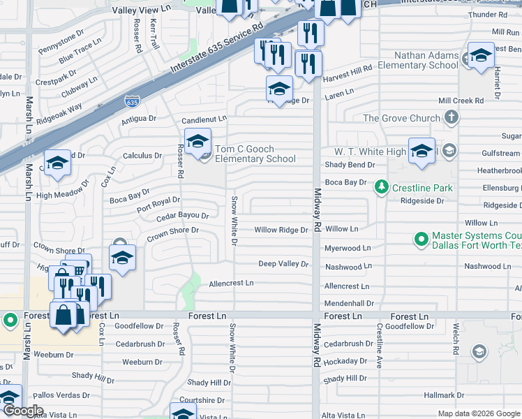 map of restaurants, bars, coffee shops, grocery stores, and more near 4048 Fawnhollow Drive in Dallas