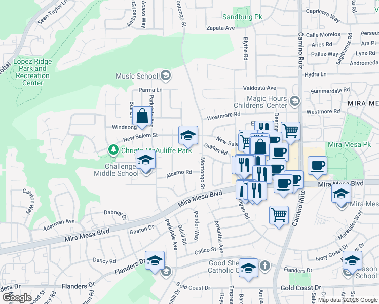map of restaurants, bars, coffee shops, grocery stores, and more near 10850 Montongo Street in San Diego