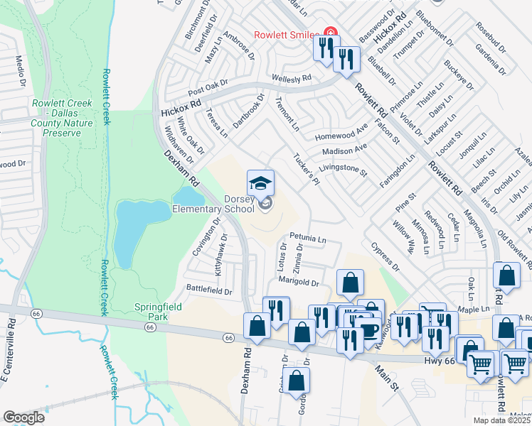 map of restaurants, bars, coffee shops, grocery stores, and more near 6200 Dexham Road in Rowlett