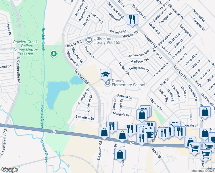 map of restaurants, bars, coffee shops, grocery stores, and more near 6200 Dexham Rd in Rowlett