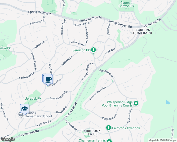 map of restaurants, bars, coffee shops, grocery stores, and more near 10461 Avenida Magnifica in San Diego