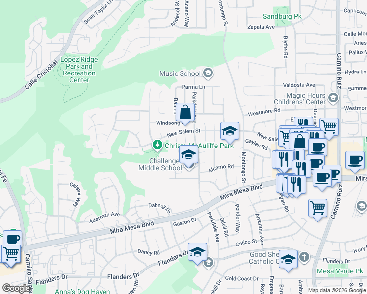 map of restaurants, bars, coffee shops, grocery stores, and more near 10845 Angola Road in San Diego