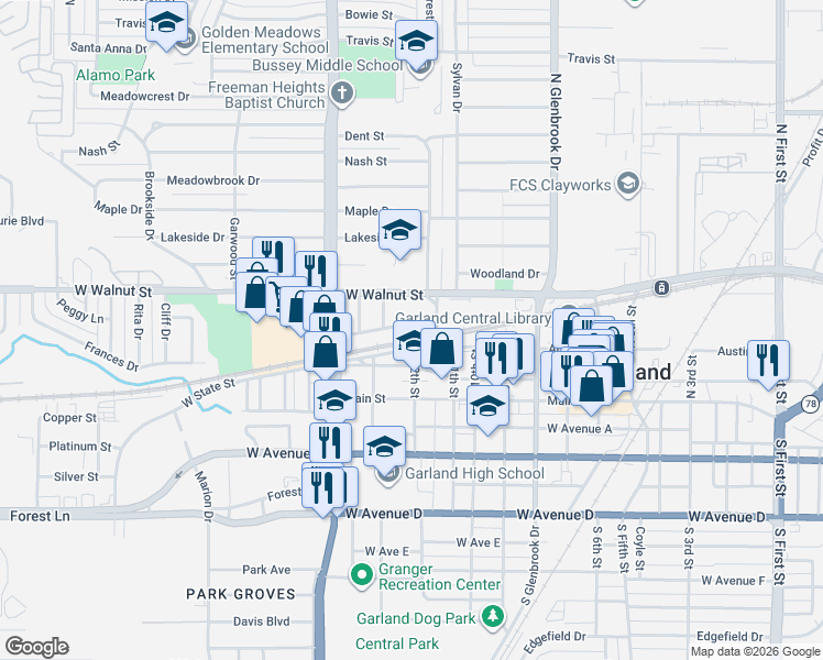 map of restaurants, bars, coffee shops, grocery stores, and more near 226 North 12th Street in Garland