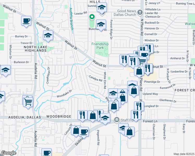 map of restaurants, bars, coffee shops, grocery stores, and more near 10230 Catalpa Road in Dallas