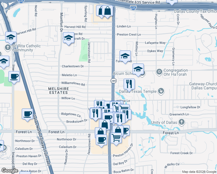 map of restaurants, bars, coffee shops, grocery stores, and more near 5979 Melshire Drive in Dallas