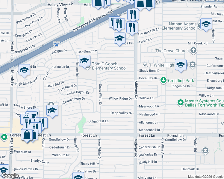 map of restaurants, bars, coffee shops, grocery stores, and more near 4048 Fawnhollow Drive in Dallas
