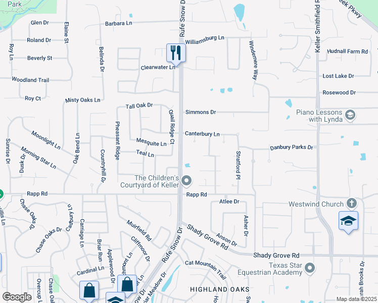 map of restaurants, bars, coffee shops, grocery stores, and more near 1157 Rufe Snow Drive in Keller