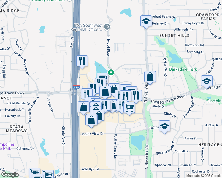 map of restaurants, bars, coffee shops, grocery stores, and more near 3001 Heritage Trace Parkway in Fort Worth