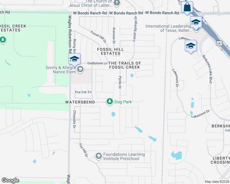 map of restaurants, bars, coffee shops, grocery stores, and more near 10213 Pyrite Drive in Fort Worth