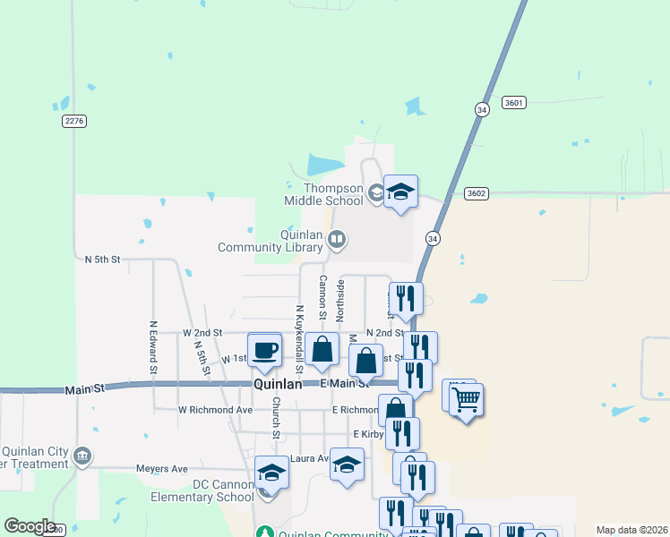 map of restaurants, bars, coffee shops, grocery stores, and more near 325 Cannon Street in Quinlan