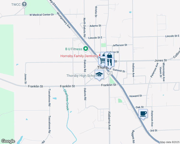 map of restaurants, bars, coffee shops, grocery stores, and more near 142 Chilton Street in Thorsby