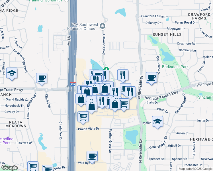 map of restaurants, bars, coffee shops, grocery stores, and more near 3001 Heritage Trace Parkway in Fort Worth