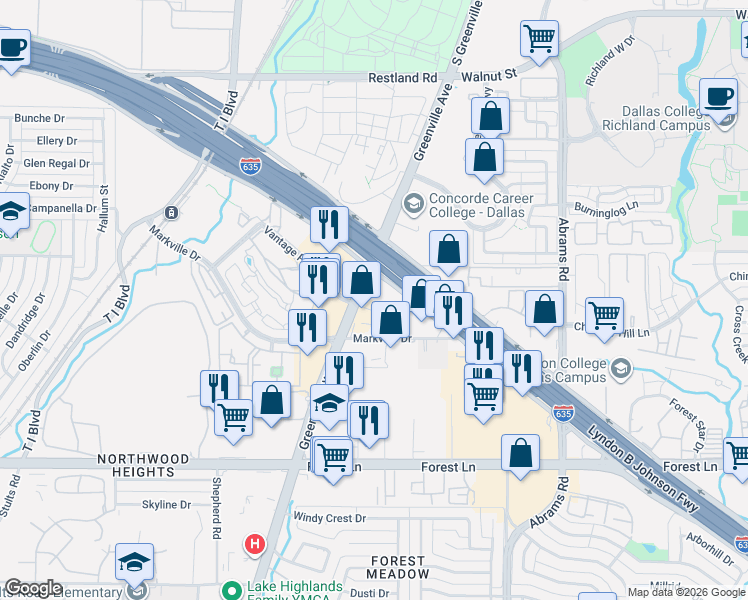 map of restaurants, bars, coffee shops, grocery stores, and more near 12250 Greenville Avenue in Dallas