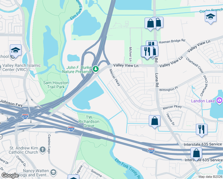 map of restaurants, bars, coffee shops, grocery stores, and more near 12775 Royal Oaks Lane in Farmers Branch