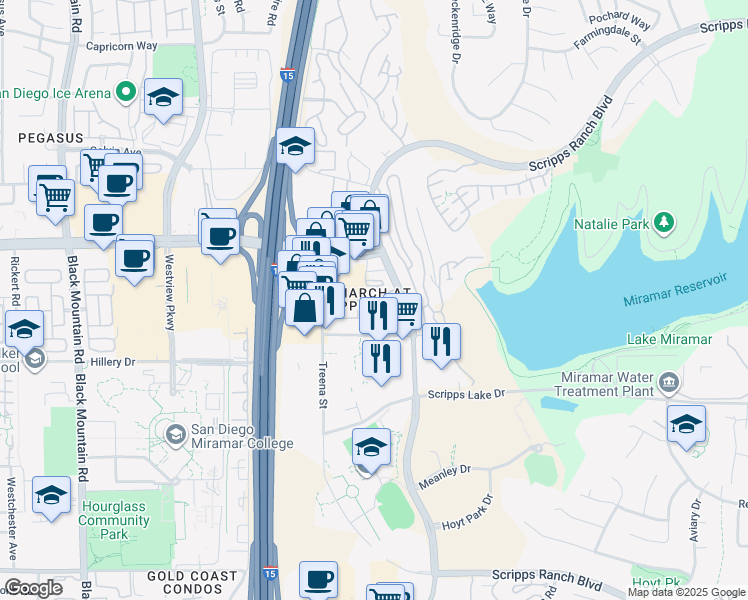 map of restaurants, bars, coffee shops, grocery stores, and more near 10768 Scripps Ranch Boulevard in San Diego