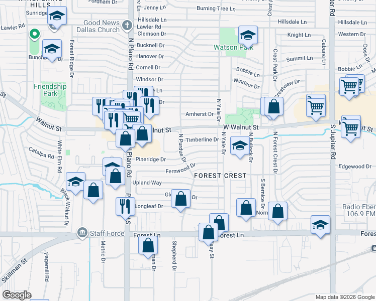 map of restaurants, bars, coffee shops, grocery stores, and more near 4202 Pineridge Drive in Garland