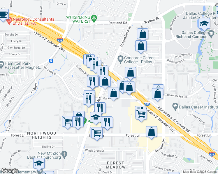 map of restaurants, bars, coffee shops, grocery stores, and more near 12250 Greenville Avenue in Dallas