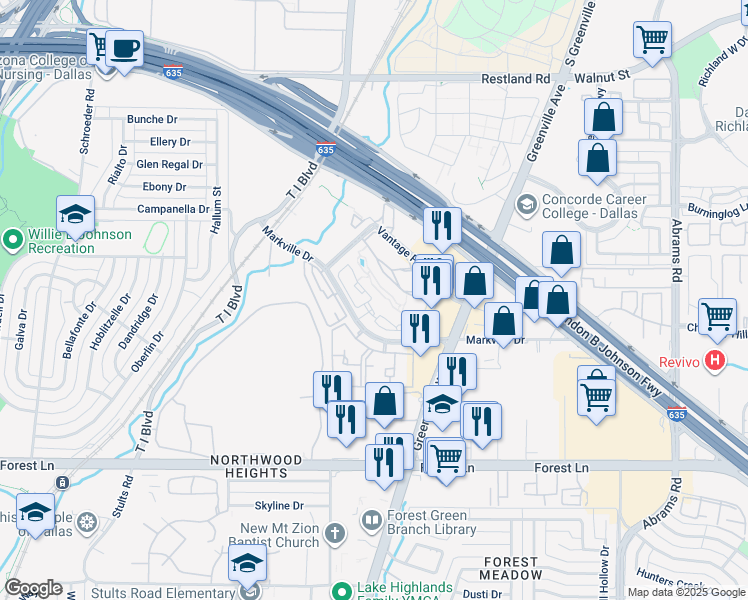 map of restaurants, bars, coffee shops, grocery stores, and more near 9001 Markville Drive in Dallas