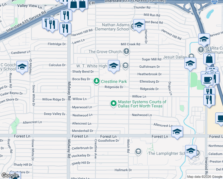 map of restaurants, bars, coffee shops, grocery stores, and more near 4439 Willow Lane in Dallas