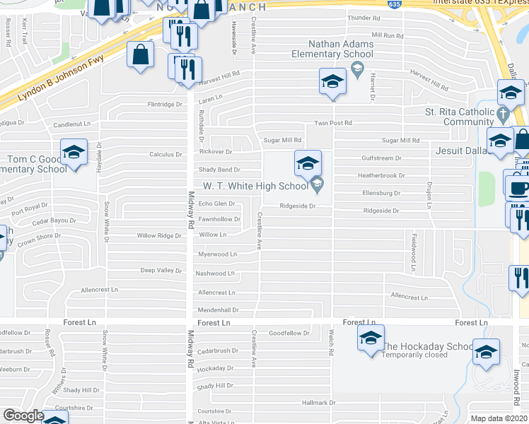 map of restaurants, bars, coffee shops, grocery stores, and more near 4407 Willow Lane in Dallas