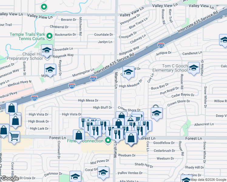 map of restaurants, bars, coffee shops, grocery stores, and more near 3654 Ridgebriar Drive in Dallas