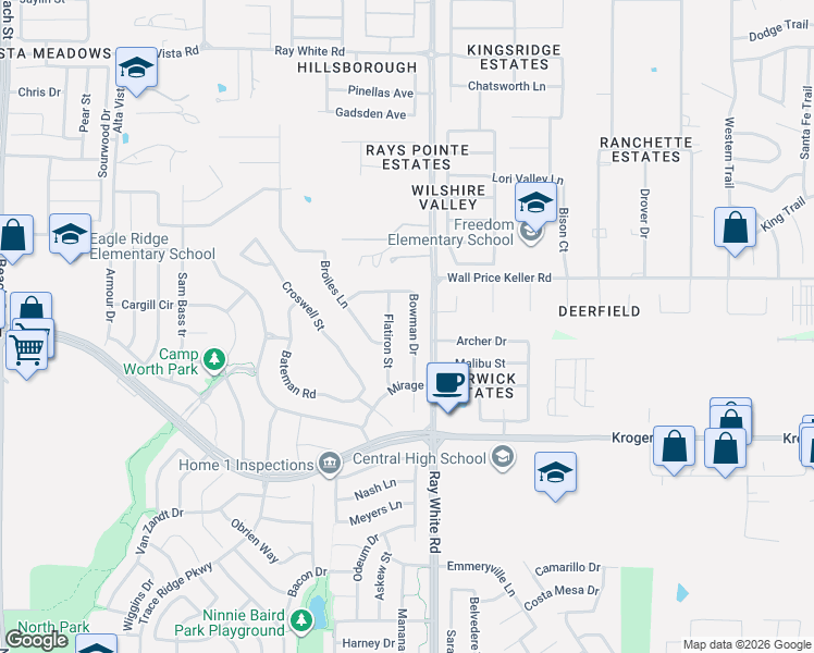 map of restaurants, bars, coffee shops, grocery stores, and more near 9621 Bowman Drive in Fort Worth