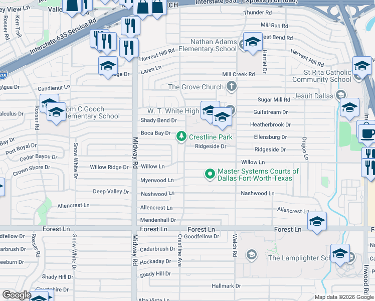 map of restaurants, bars, coffee shops, grocery stores, and more near 4407 Willow Lane in Dallas