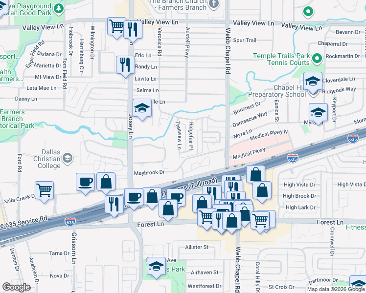 map of restaurants, bars, coffee shops, grocery stores, and more near 12106 Treeview Lane in Farmers Branch