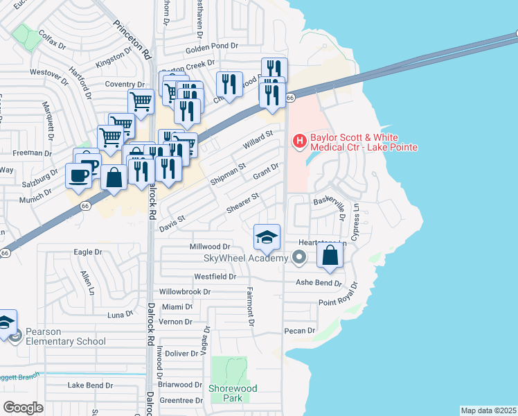 map of restaurants, bars, coffee shops, grocery stores, and more near 9317 Pollard Street in Rowlett