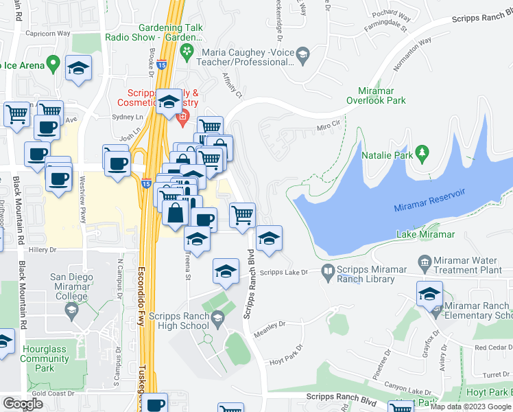 map of restaurants, bars, coffee shops, grocery stores, and more near 10793 Scripps Ranch Boulevard in San Diego