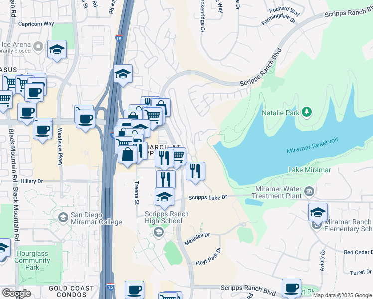 map of restaurants, bars, coffee shops, grocery stores, and more near 10793 Scripps Ranch Boulevard in San Diego