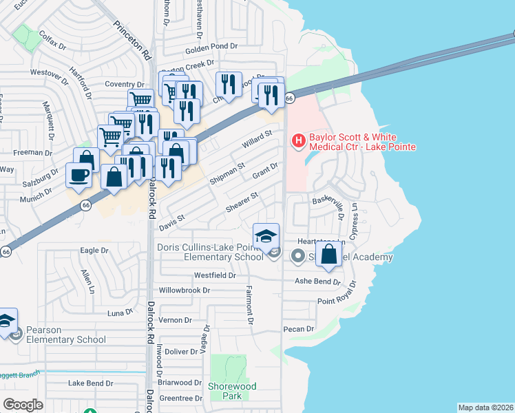 map of restaurants, bars, coffee shops, grocery stores, and more near 9306 Pollard Street in Rowlett