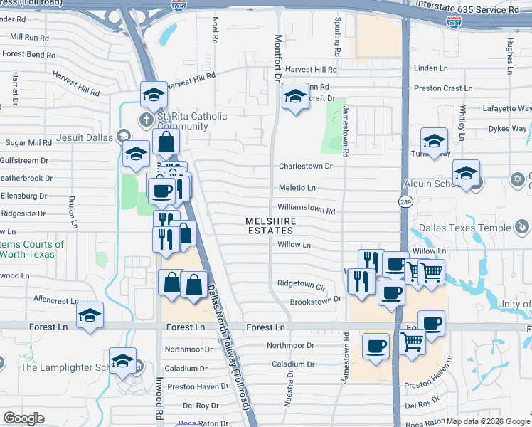 map of restaurants, bars, coffee shops, grocery stores, and more near 5708 Melshire Drive in Dallas