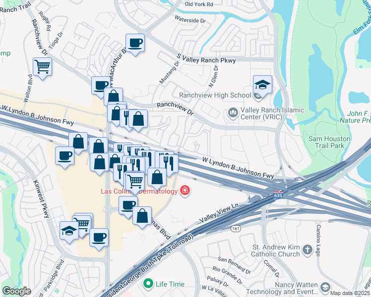 map of restaurants, bars, coffee shops, grocery stores, and more near 7904 Interstate 635 Service Road in Irving