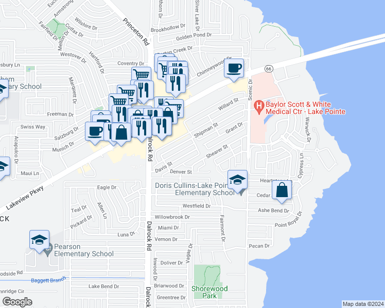 map of restaurants, bars, coffee shops, grocery stores, and more near 9010 Davis Street in Rowlett