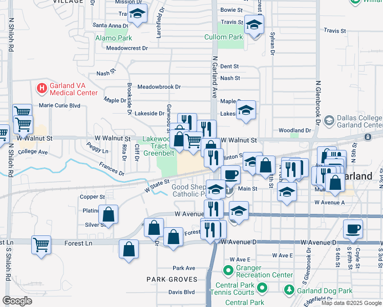 map of restaurants, bars, coffee shops, grocery stores, and more near 1406 West Walnut Street in Garland