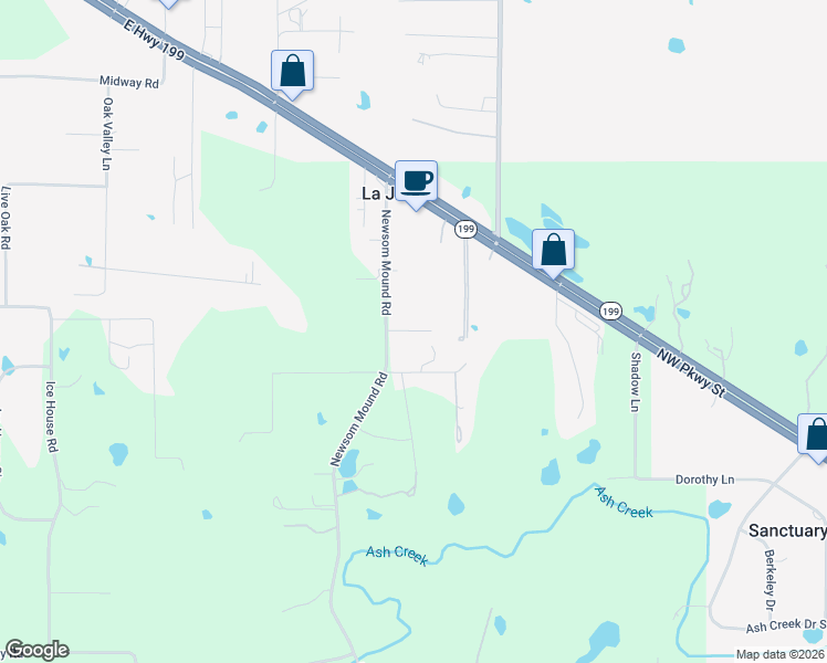 map of restaurants, bars, coffee shops, grocery stores, and more near 109 Beck Lane in Springtown