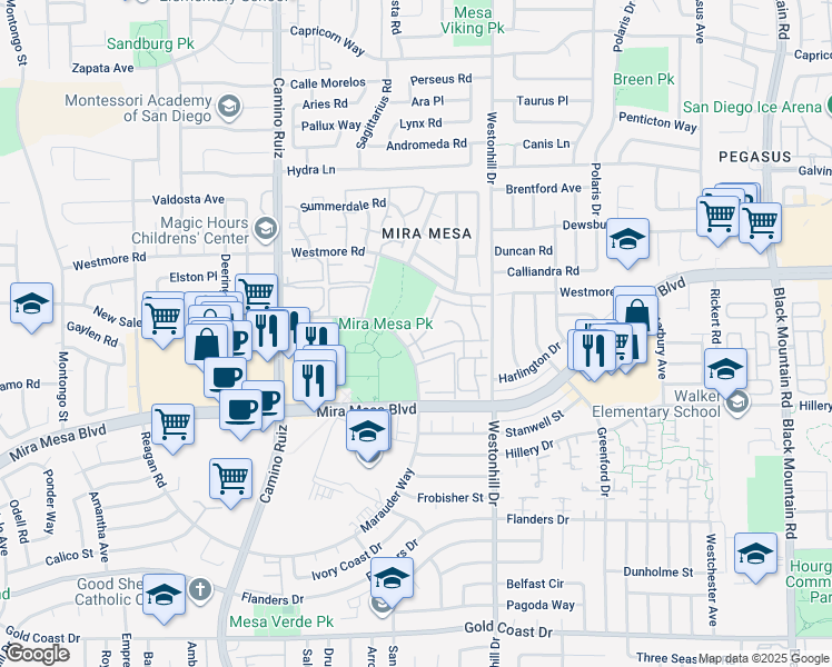 map of restaurants, bars, coffee shops, grocery stores, and more near 8580 New Salem Street in San Diego