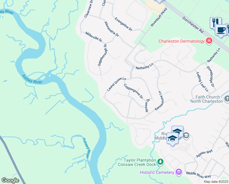 map of restaurants, bars, coffee shops, grocery stores, and more near 8680 Hickory Creek Lane in North Charleston