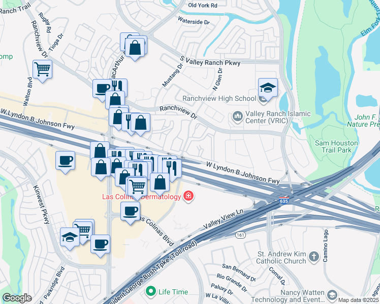 map of restaurants, bars, coffee shops, grocery stores, and more near 7904 North Glen Drive in Irving