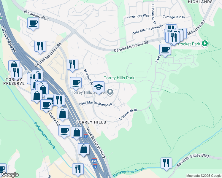 map of restaurants, bars, coffee shops, grocery stores, and more near 4261 Corte Langostino in San Diego