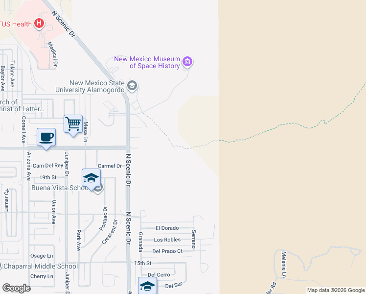 map of restaurants, bars, coffee shops, grocery stores, and more near Indian Wells Canyon Trail in Alamogordo