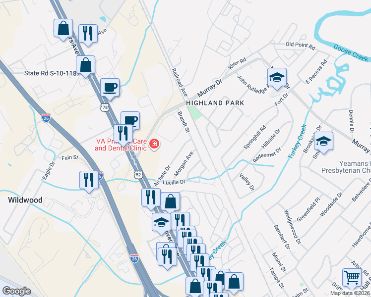 map of restaurants, bars, coffee shops, grocery stores, and more near 1902 Aichele Drive in North Charleston