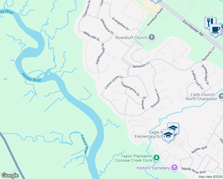 map of restaurants, bars, coffee shops, grocery stores, and more near 8680 Hickory Creek Lane in North Charleston