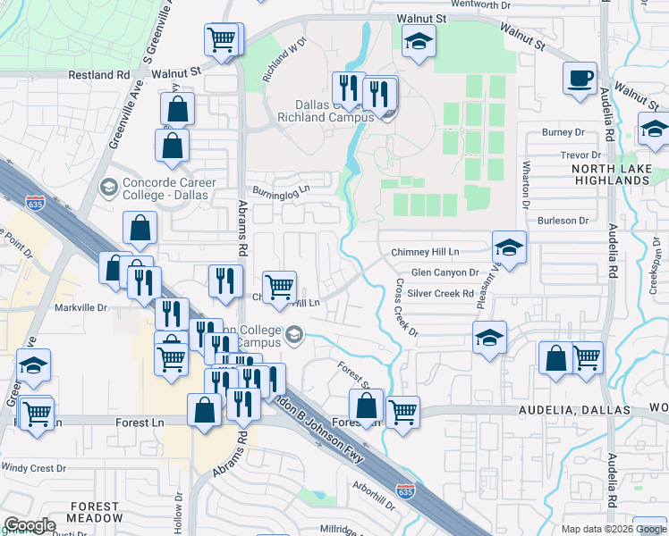 map of restaurants, bars, coffee shops, grocery stores, and more near 9806 Cross Creek Court in Dallas