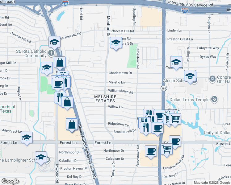 map of restaurants, bars, coffee shops, grocery stores, and more near 5739 Williamstown Road in Dallas
