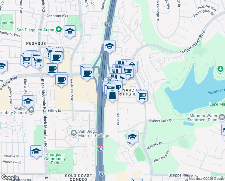map of restaurants, bars, coffee shops, grocery stores, and more near 10886 Hibert Street in San Diego
