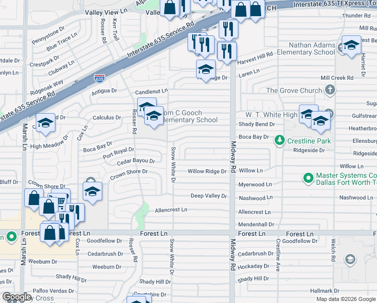 map of restaurants, bars, coffee shops, grocery stores, and more near 4156 Boca Bay Drive in Dallas